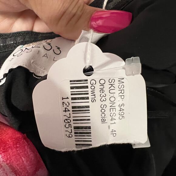 One33 Social Chiffon Strapless Gown Black Floral Pleated Maxi Bow Dress Size 2 - Picture 13 of 16